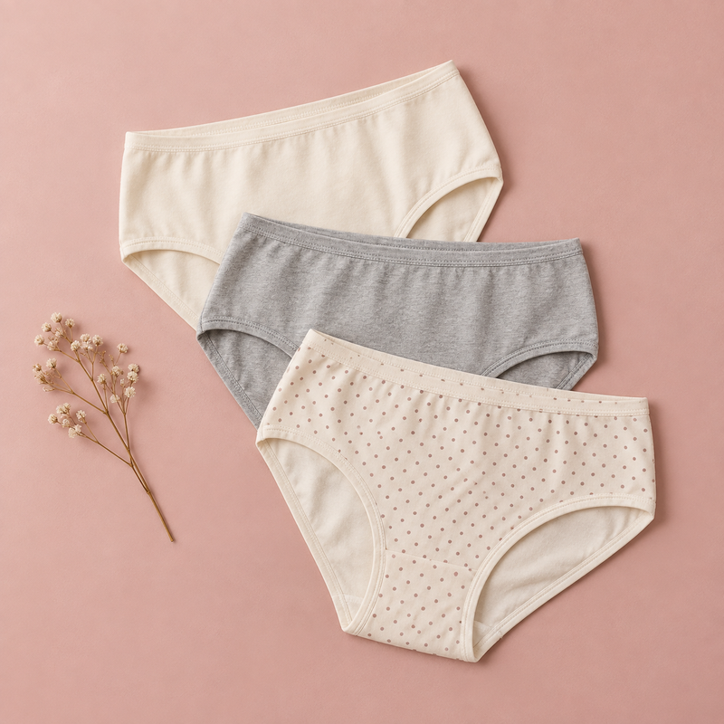 Cotton period panties in cream, grey and dotted print