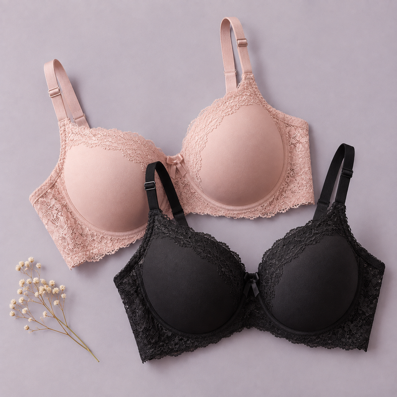 Padded lace bras in blush pink and black