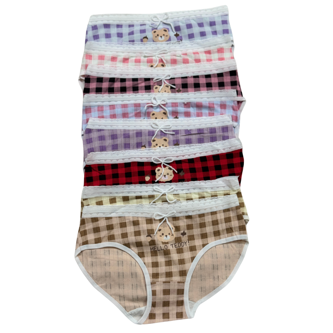 Girls “Hello Teddy” Check Printed Panties