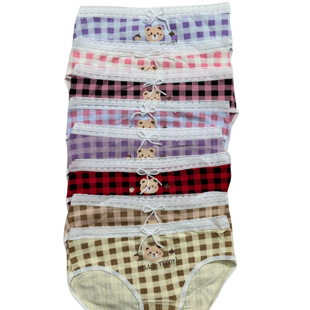 Girls “Hello Teddy” Check Printed Panties