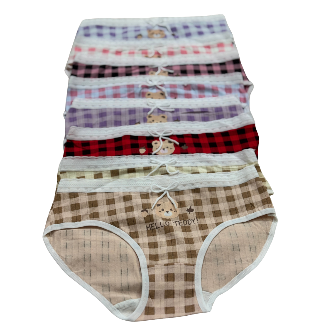 Girls “Hello Teddy” Check Printed Panties