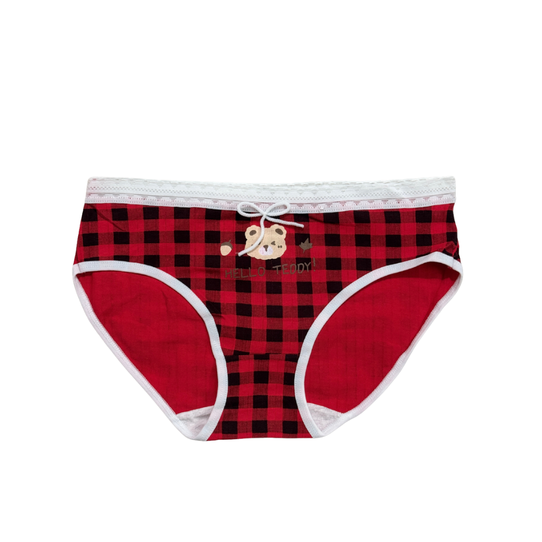 Girls “Hello Teddy” Check Printed Panties