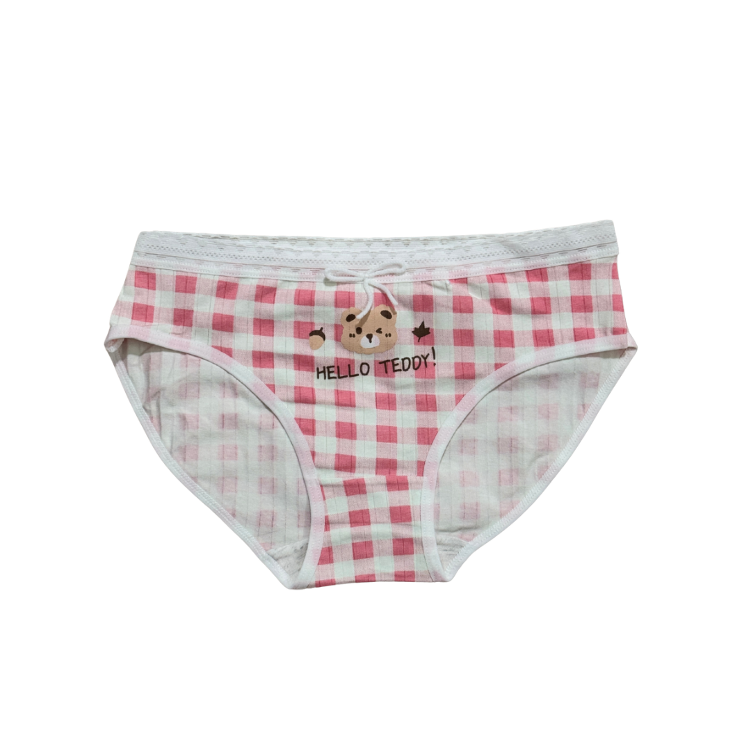 Girls “Hello Teddy” Check Printed Panties