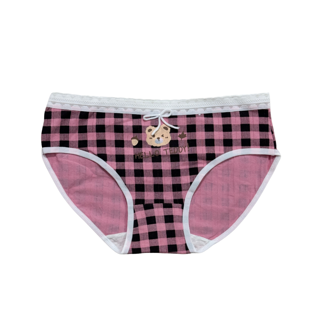 Girls “Hello Teddy” Check Printed Panties