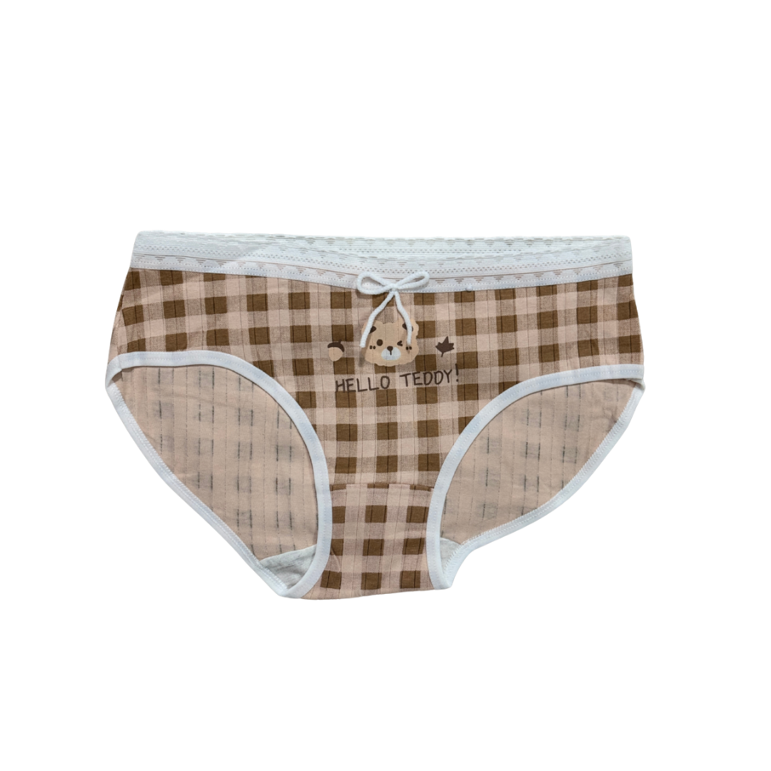 Girls “Hello Teddy” Check Printed Panties