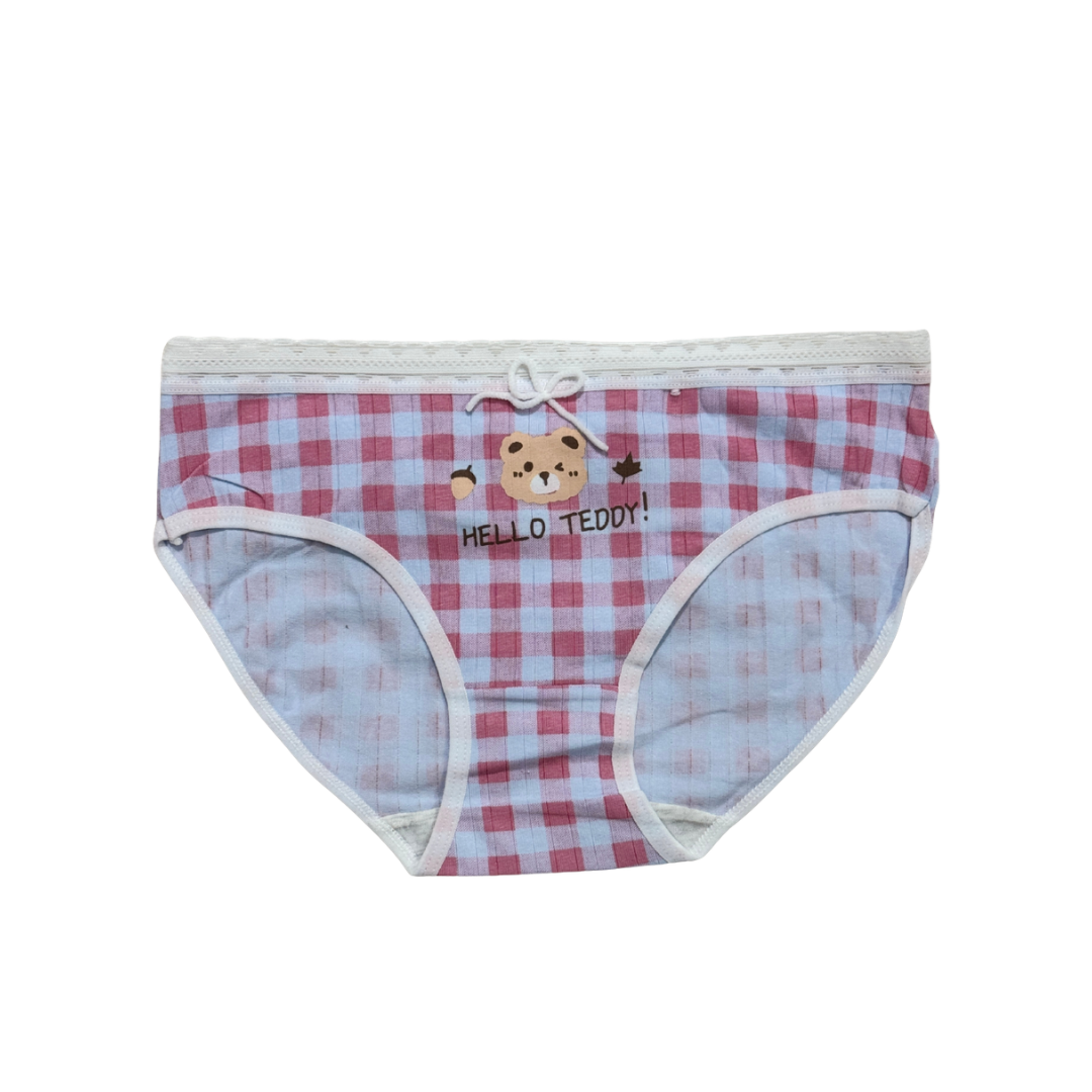 Girls “Hello Teddy” Check Printed Panties