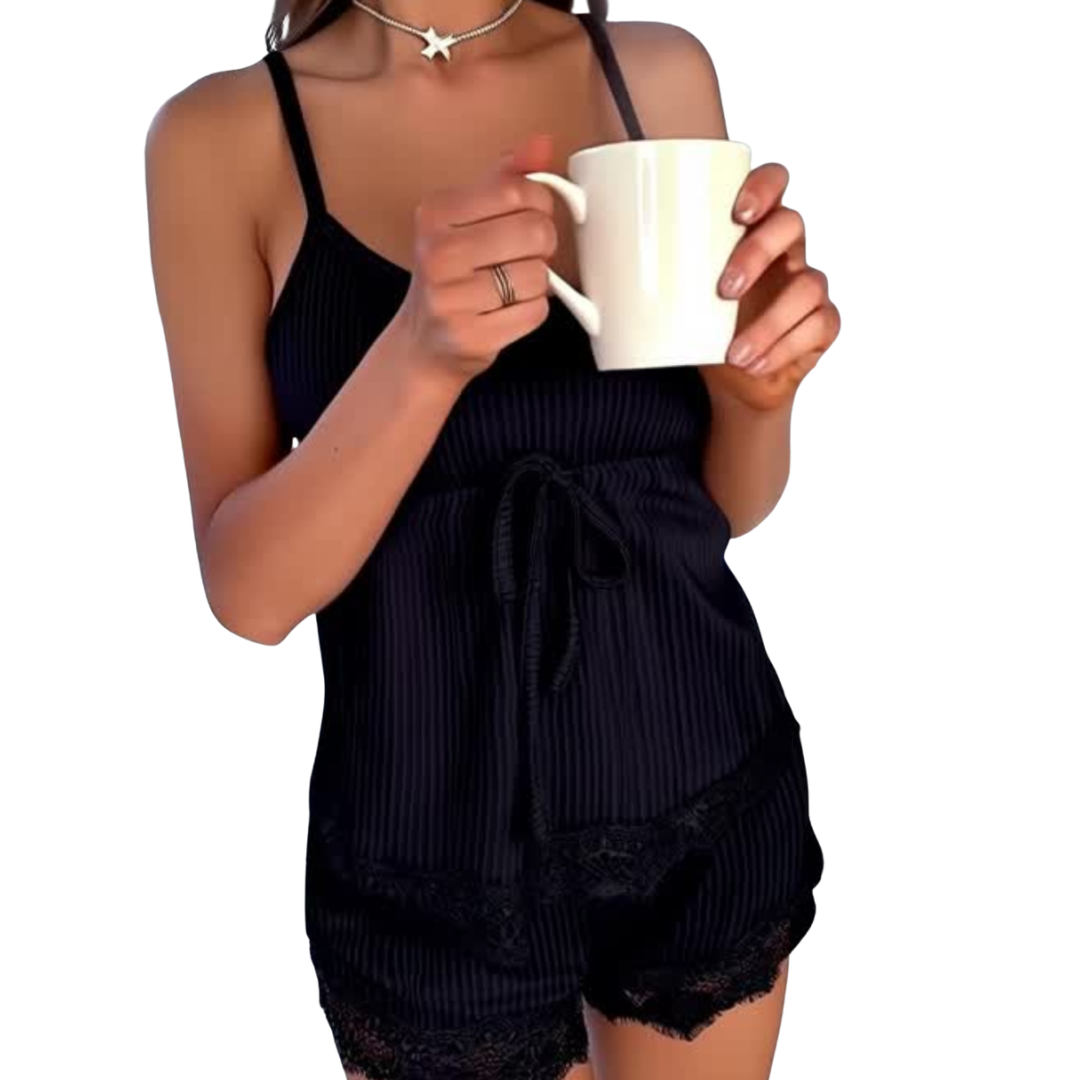 Ribbed Lace Trim Cami & Shorts Nightwear Set – Elegant Black Loungewear