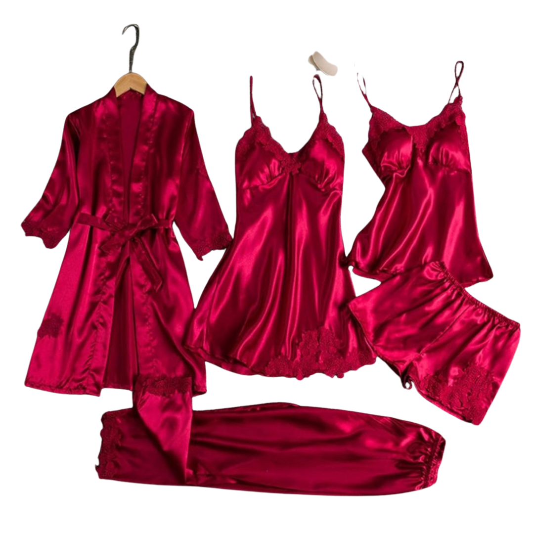 Luxury 5-Piece Satin Silk Pajama & Robe Set – Women’s Sexy Nightwear