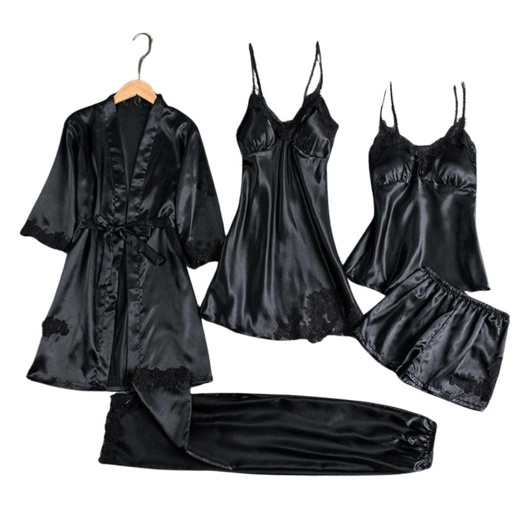 Luxury 5-Piece Satin Silk Pajama & Robe Set – Women’s Sexy Nightwear