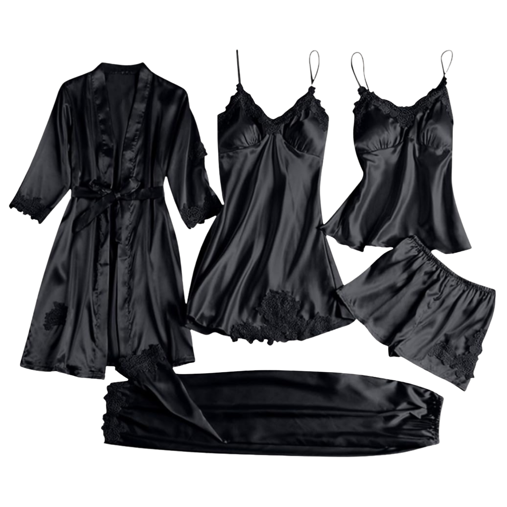 Luxury 5-Piece Satin Silk Pajama & Robe Set – Women’s Sexy Nightwear