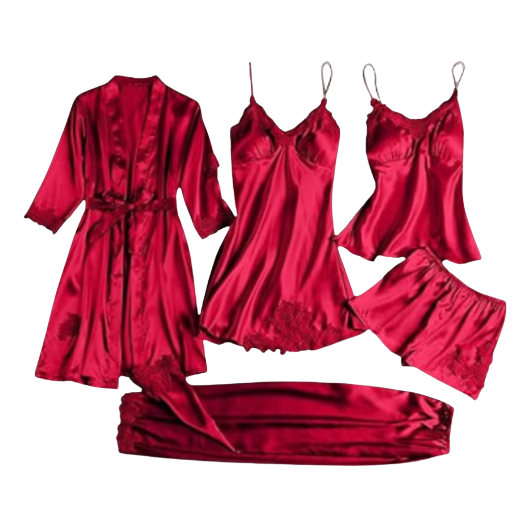 Luxury 5-Piece Satin Silk Pajama & Robe Set – Women’s Sexy Nightwear
