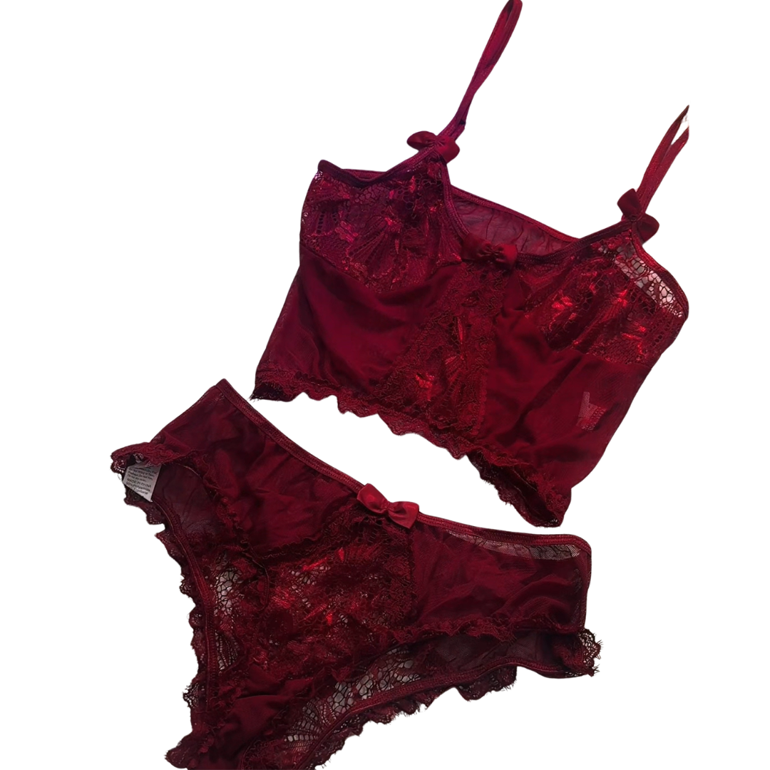 Luxe Sheer Lace Bralette & Brief Set – Mesh Two Piece Sleepwear