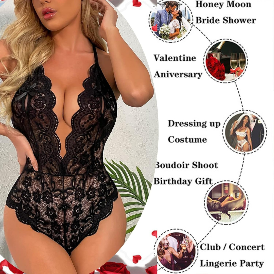 Black Lace Bodysuit Deep V Halter Teddy Lingerie