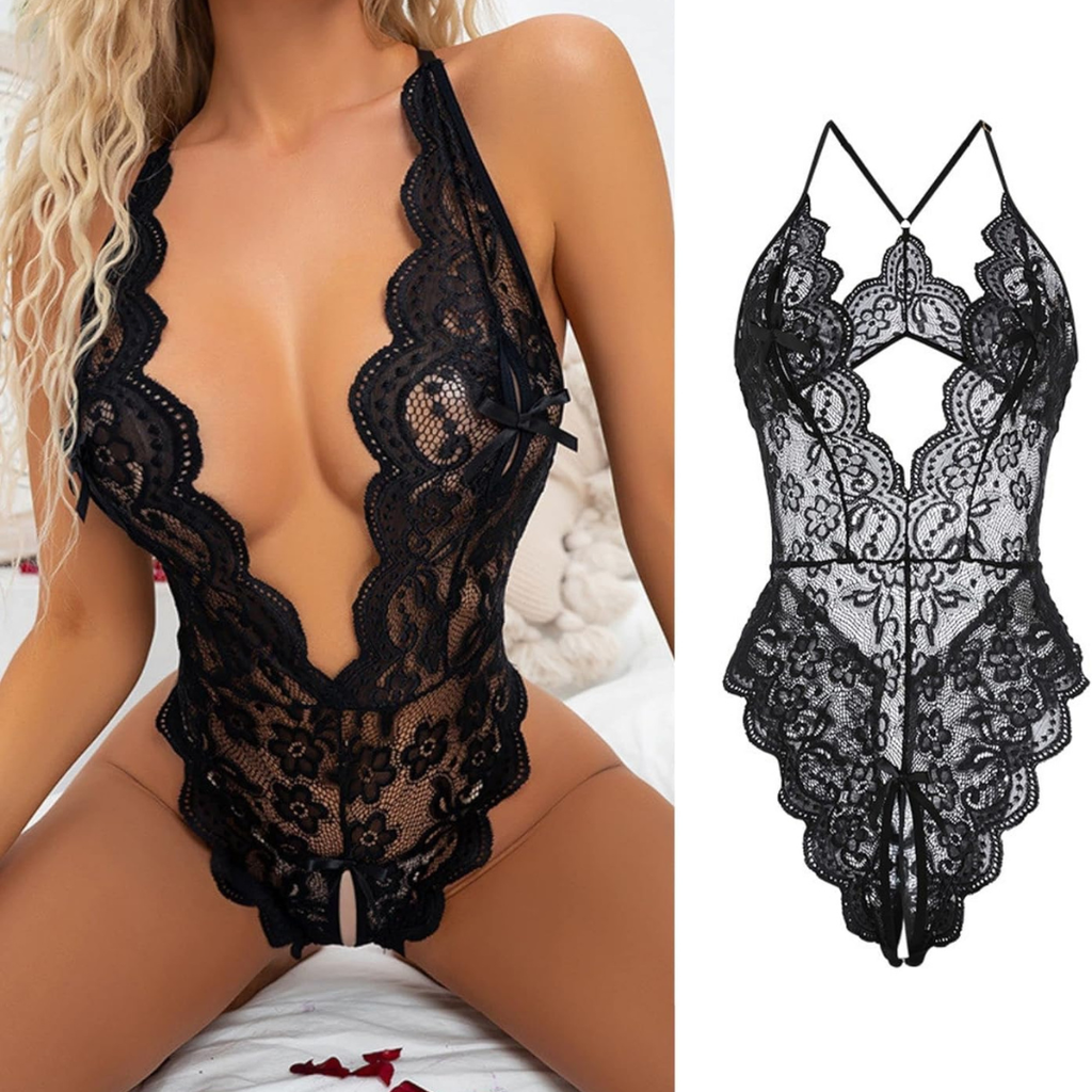 Black Lace Bodysuit Deep V Halter Teddy Lingerie