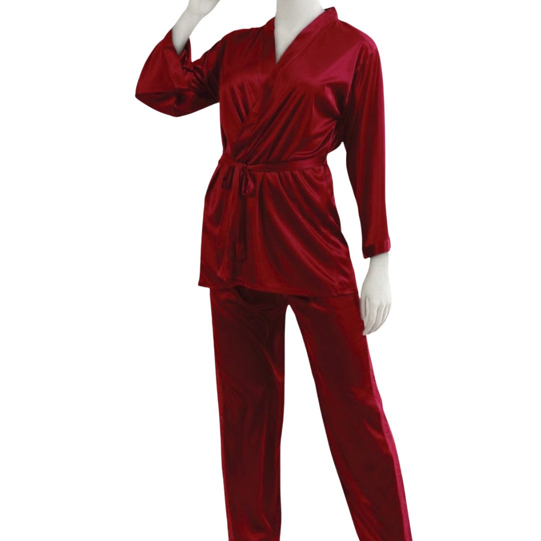 	Maroon silk nightwear, front view