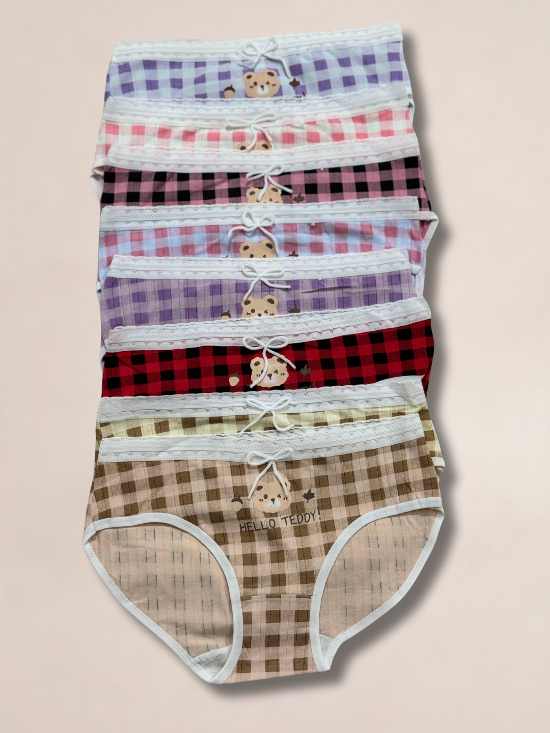 Girls “Hello Teddy” Check Printed Panties - Image 2