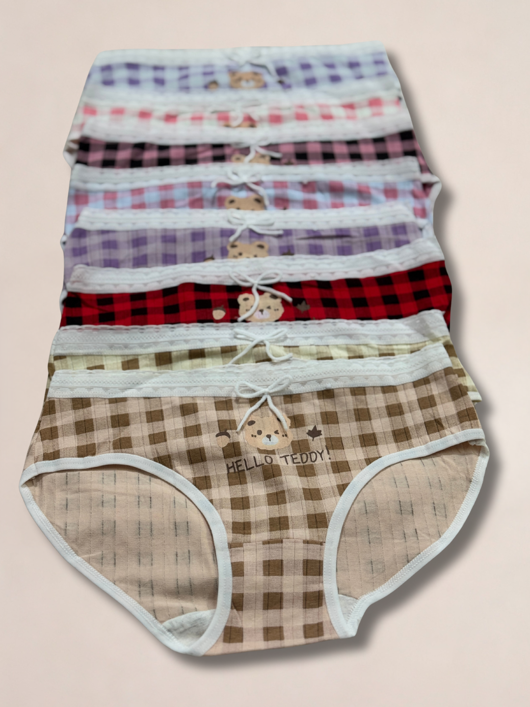 Girls “Hello Teddy” Check Printed Panties - Image 3
