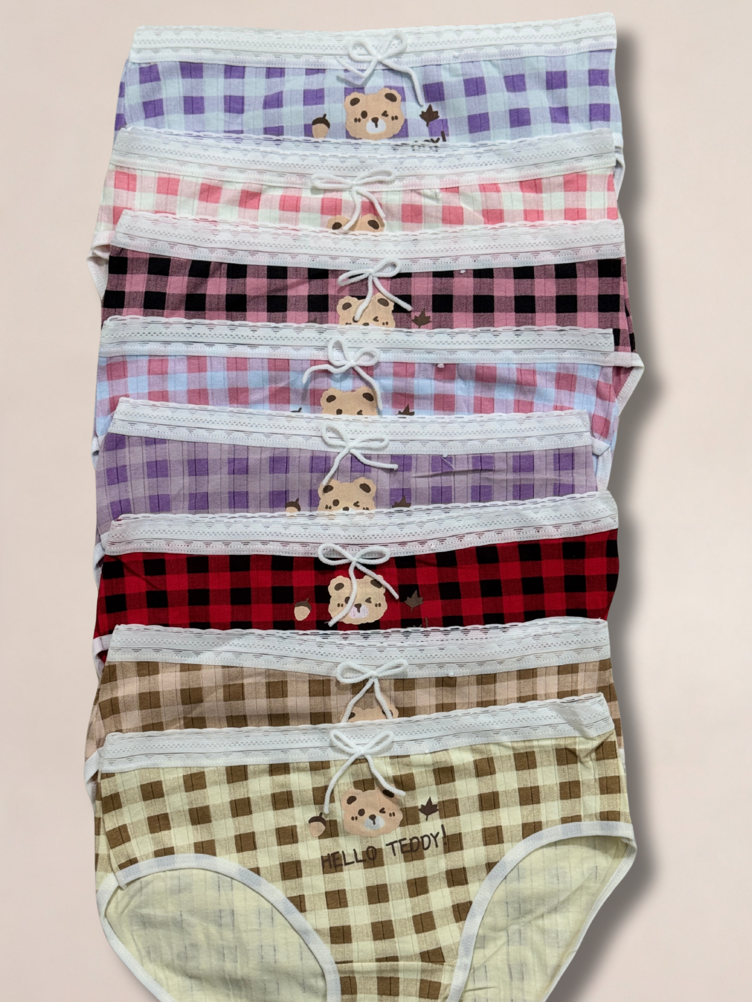 Girls “Hello Teddy” Check Printed Panties