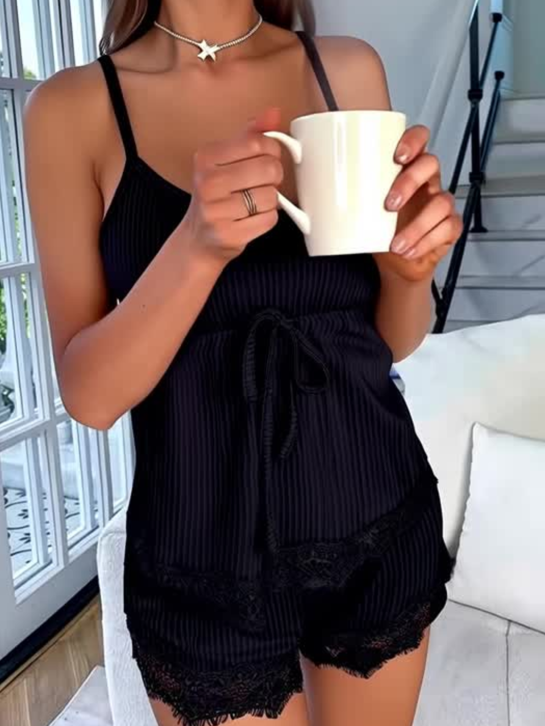 Ribbed Lace Trim Cami & Shorts Nightwear Set – Elegant Black Loungewear - Image 2