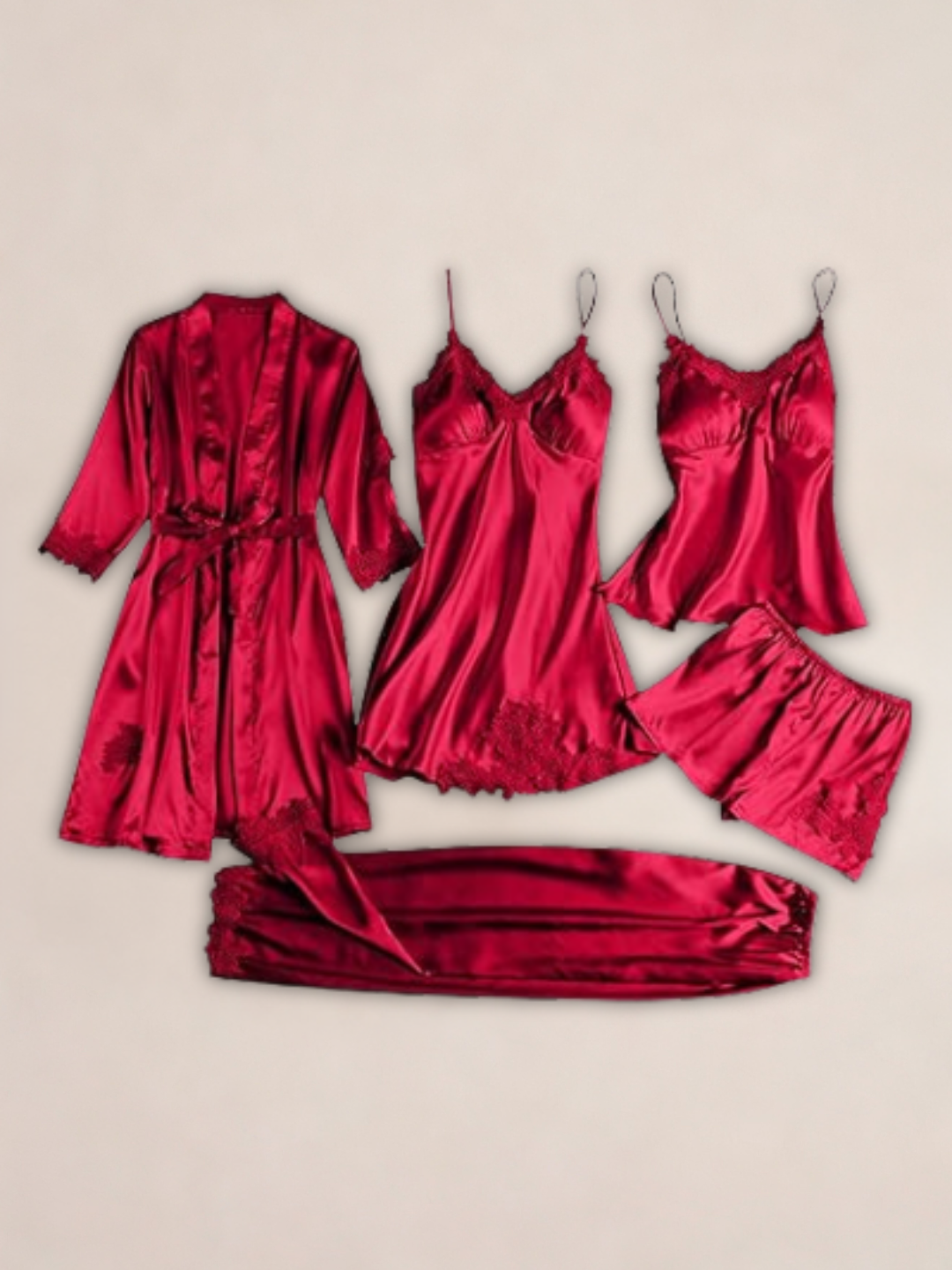 Luxury 5-Piece Satin Silk Pajama & Robe Set – Women’s Sexy Nightwear